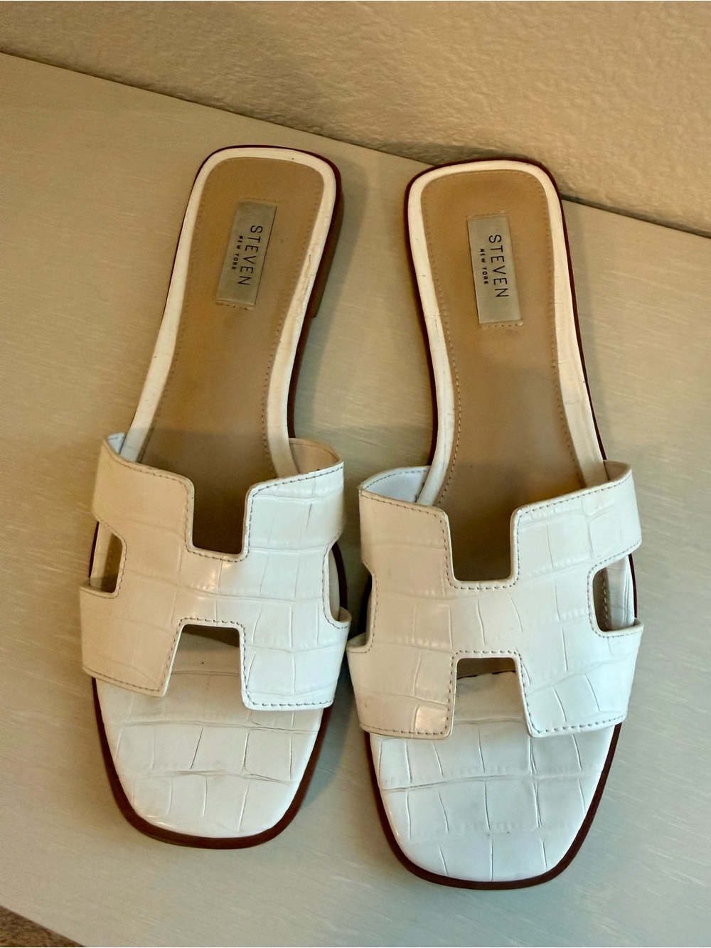 Steve Madden White Croc-Embossed H-Cut Slide Sandals - Women's